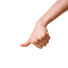 Hand showing thumbs down gesture on white background
