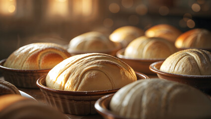 Risen yeast dough resting in bowls under warm lighting with golden tones for a comforting and inviting photorealistic cinematic atmosphere generative AI
