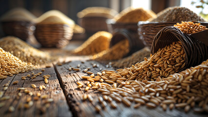Various grain types on a rustic wooden table with soft natural light illuminating textures in a serene and authentic atmosphere generative AI