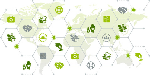 global donation & charity vector illustration. Green concept with world map & icons related to charitable projects & international humanitarian aid, volunteering or disaster relief & support.