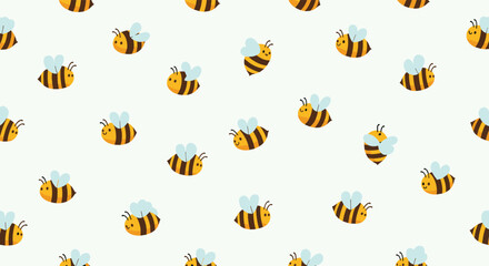 Cute seamless pattern featuring small smiling honey bees flying across a light cream background for nursery and kids products.