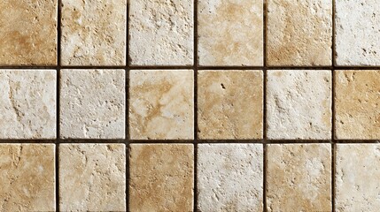 Elegant tan and cream tiles create a seamless grid pattern. The warm tones and natural texture of the stone add a touch of sophistication to any space. #tiles #stone