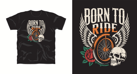 Born to ride t-shirt design with motorcycle wheel skull and wings graphic illustration
