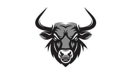 Obraz premium Powerful bull head mascot illustration in grey and black with a nose ring and an aggressive expression for sports logos.
