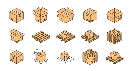 Isometric icons of cardboard boxes in various states and wooden pallets for shipping and global logistics concepts.