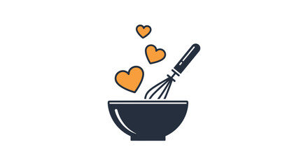 Dark blue bowl with whisk and floating orange hearts representing cooking with love and passion for home recipes.