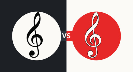 Fototapeta premium Comparison of two music treble clef symbols in black and white against a red circle background for artistic design.