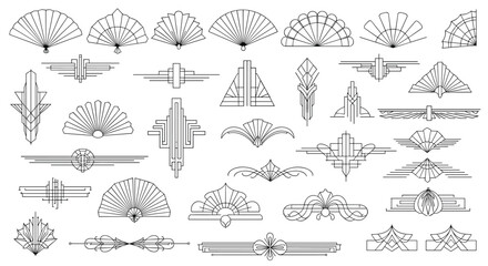 Large collection of intricate art deco line art elements including decorative fans and architectural divider designs. © Ahmad