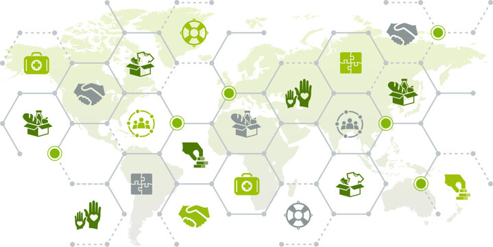 global donation & charity vector illustration. Green concept with world map & icons related to charitable projects & international humanitarian aid, volunteering or disaster relief & support.