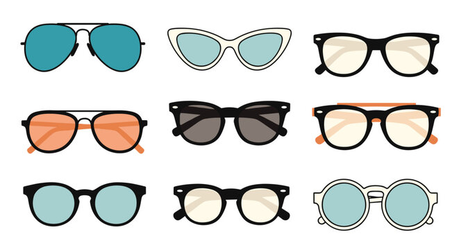Set of nine diverse sunglasses styles with different frame shapes and lens colors including aviator and cat eye.