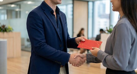 Business People Exchange Red Envelope and Shake Hands in Office