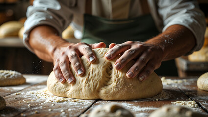 Baker hands shaping dough on a rustic wooden surface with soft natural light for a detailed and traditional photorealistic atmosphere generative AI