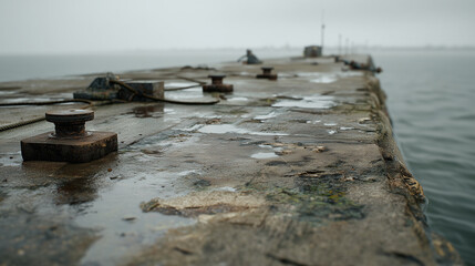 Low angle view of wet concrete pier with metal mooring bollards, puddles and calm sea in foggy weather. Minimalistic maritime industrial scene.