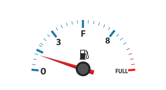 Digital illustration of a vehicle fuel gauge with a red needle pointing near zero indicating a low gasoline or diesel level.