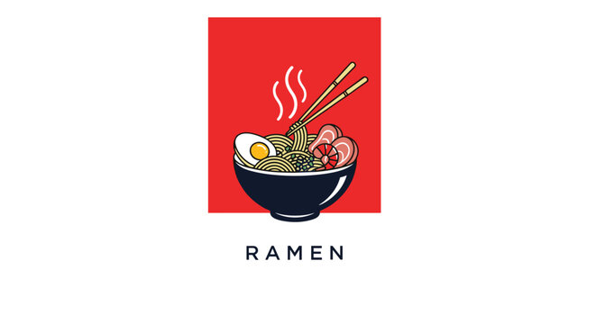 Vibrant illustration of a bowl of ramen with noodles, egg, pork, and shrimp on a red square background with text below.