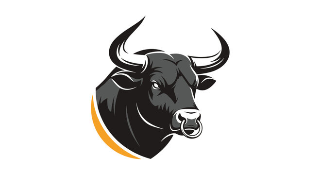 Powerful black and white illustration of a bull's head with sharp horns and a nose ring for sports mascot or branding.