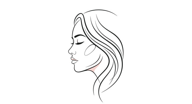 Beautiful woman profile with long wavy hair line art drawing suitable for beauty salon logos, skincare branding, and art projects.
