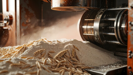 Wheat being milled in a large machine with flour dust rising for a detailed industrial and photorealistic cinematic technical atmosphere generative AI