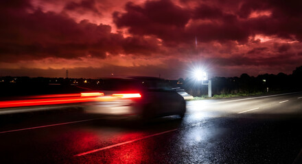 Car speed camera flash speeding night wet road motion blur traffic enforcement street photography light automotive safety transportation urban rain generative AI