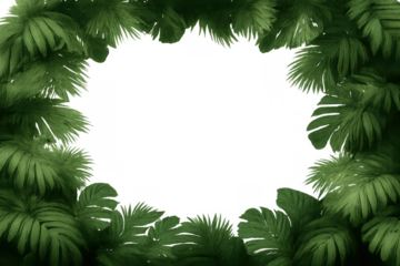 Lush tropical leaves forming a vibrant green natural frame, framing design with botanical foliage on transparent background