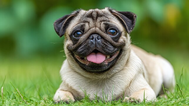 A charming pug with a delightful smile is enjoying a moment of relaxation on the lush green grass. Its endearing expression and relaxed posture exude pure joy.