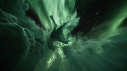 Green aurora dancing across starfield with flowing light in deep space. AI-generated.
