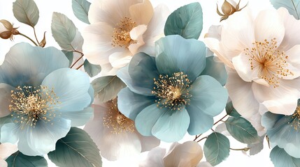 A serene floral display with delicate blue and cream blossoms. Soft, muted tones create a calming, elegant aesthetic. Ideal for backgrounds or nature-inspired designs.