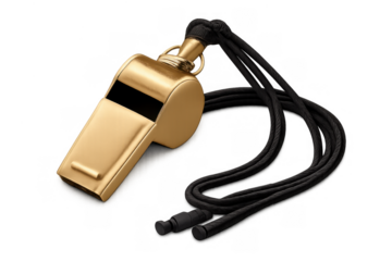 Gold whistle with black lanyard lying on transparent background, symbolizing authority, rules, sports, and coaching