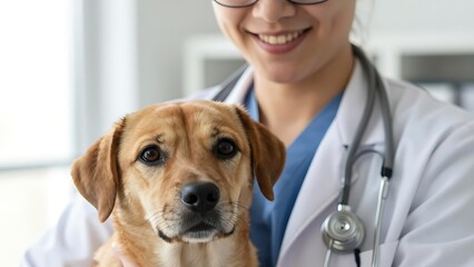 A smiling female veterinarian in a blue medical gown and glasses holds a golden-brown puppy, the concept of veterinary care.