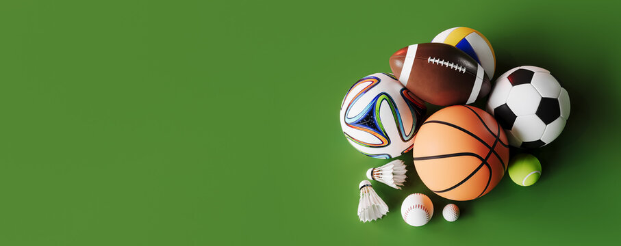 Collection of sports balls on green background with copy space. 3D Rendering, 3D Illustration
