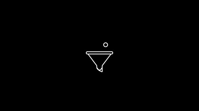 Conversion white line animation. Data funnel animated icon. Falling circles. Isolated on dark background. 4k video
