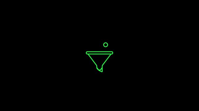Conversion green line animation. Data funnel animated icon. Falling circles. Isolated on dark background.