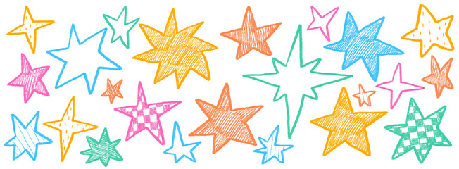 Hand drawn sketchy bright color rainbow star doodle illustration. Vintage grunge sketch icons for card invitations, poster design, party banner, social media post design.