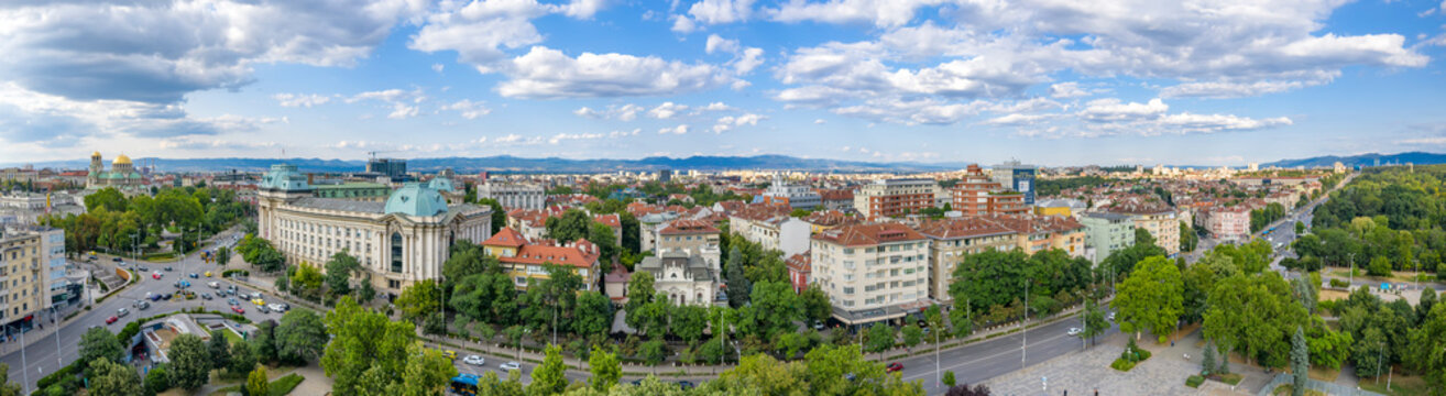 Sofia, Bulgaria - July 26, 2024: Aerial Panoramic View of Sofia City Center featuring Sofia University and Alexander Nevsky Cathedral