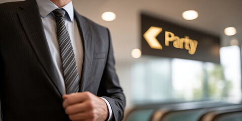 Close-up of a man in a suit adjusting his jacket with a blurred party sign in the background indicating direction indoors