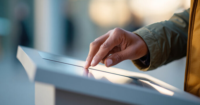 Close-up of a person using a touchscreen kiosk outdoors with finger tapping on the interactive display - Powered by Adobe