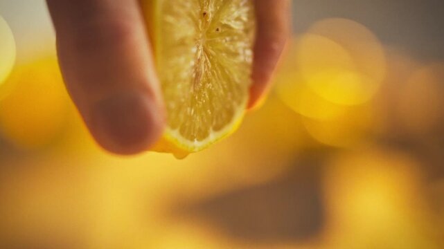 Man's hands apply gentle pressure to extract juice from fresh lemon on vibrant yellow surface viewed from behind, highlighting the texture and pulp as moisture is released in detailed ultra-macro shot