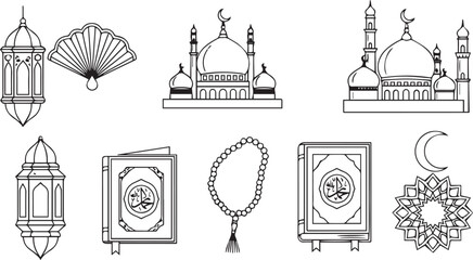 Islamic religious symbols set with mosque Quran and lantern outlines © smcreovent