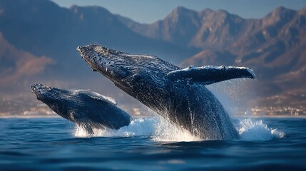Fototapeta premium Whales breaching in oceans with massive splashes, ideal for marine biology, ocean life, and spectacular nature photography content