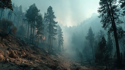 Wildfire aftermath showing scorched forests, ash-covered ground, and smoke, ideal for environmental crisis and climate impact visuals