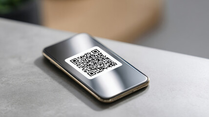 Modern smartphone displaying a QR code on its reflective screen placed on a smooth gray surface in a minimalistic setting