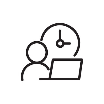 flexible schedule work icon, worker hours, punctual business man, part time job, remotely at the computer, thin line symbol on white background - editable stroke vector illustration eps10