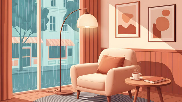 A cozy living room corner with an armchair, a glowing floor lamp, and rain outside.