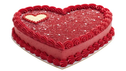 Heart-shaped cake with red frosting isolated on white background