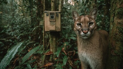 Wildlife camera traps capturing hidden animals in forests or jungles for research, biodiversity studies, and conservation monitoring