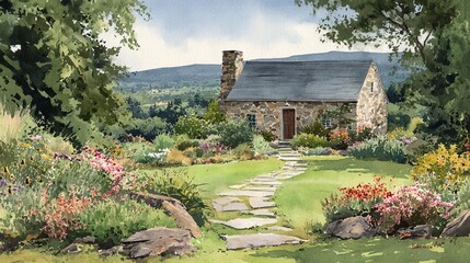 Watercolor painting of a stone cottage nestled amidst a vibrant garden. A stone path leads to the wooden door, with distant hills visible under a serene sky. A rustic idyllic scene.