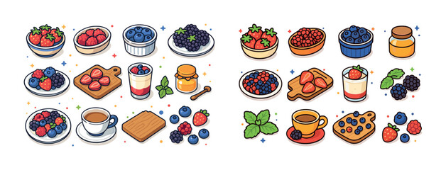 Colorful assorted berry desserts with honey and tea