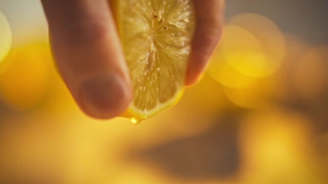 A man's fingers grasp a lemon, squeezing out juice onto a vibrant yellow surface, captured in ultra-macro detail, highlighting the citrus fruit's zest and texture on a bright background