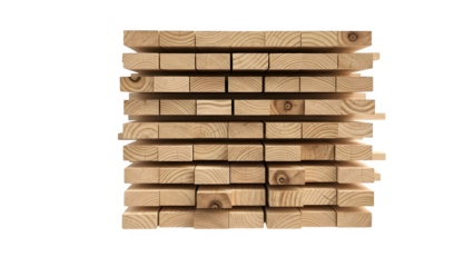 Stack of new light brown wooden lumber planks or boards for construction isolated on transparent background