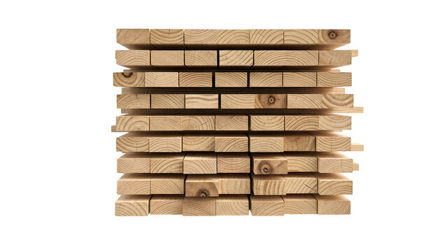 Stack of new light brown wooden lumber planks or boards for construction isolated on transparent background